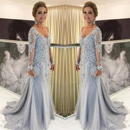 New Arrival Mermaid Plus Size Mother Of The Bride Dresses V Neck Long Sleeves Lace Appliques Tulle Beads Sweep Train Party Evening Gown 308M