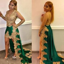 Green And Gold Lace Appliques Prom Dresses V Neck Sheer Long Sleeves High Low Evening Gowns South African Sweep Train Tail Party Dress 0517 0518