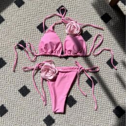 Women's Swimwear Backless Bikini Set Trendy Sexy With Rose Solid Color Bathing Suit Summer Women Bikinis