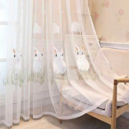 Window Treatments# Cute White Plush Soft Rabbit Embroidered Sheer Voile Curtain For Childrens Room Girls Boys Cartoon Bunny Tulle Home Decor Custom Y240517