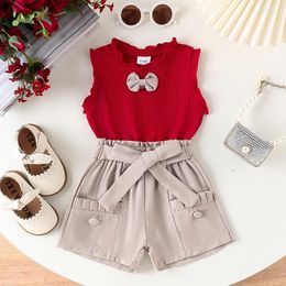 Clothing Sets FOCUSNORM 0-4Y Little Girls Summer Clothes 2pcs Cute Sleeveless Ruffles Solid Bow Tank Tops Belt Shorts Set