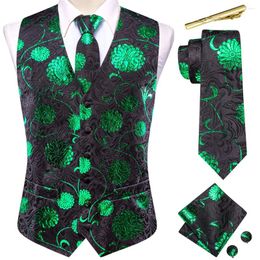 Men's Vests Shiny Green Black Men Vest Jacquard Silk Sleeveless Waistcoat Jacket Necktie Hanky Cufflinks Brooch Wedding Business Gift Hi-Tie
