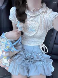 Work Dresses Kawaii Sweet Lolita Style Skirt Suit Women Floral Print Ruffles Hearts Slim Blouse Tops Bow Mini Japanese Two Piece Set