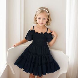 Summer Dress Solid Color Girls Shouldless Children Dresses Casual Style Girl Costume 6 8 10 12 14 L2405