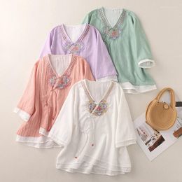 Women's Blouses Limiguyue Chinese Retro Cotton Linen Summer Women V-neck Slanted Collar Button Shirts Ethnic Floral Embroidery Tops E598