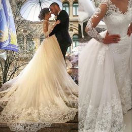 2022 Luxury African Mermaid Wedding Dresses V Neck Long Sleeves Illusion Full Lace Applique Overskirts Detachable Train Button Back Bri 219r