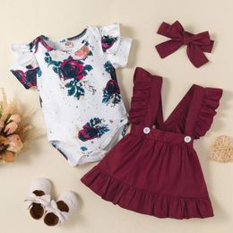 Clothing Sets 0-18M Baby Clothes Girls Floral Bodysuit Short Sleeve Romper Jumpsuit Tops Suspender Skirts Headband Born 3Pcs Outfits