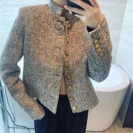 Women's Jackets Lucyever Vintage Stand-Up Collar Tweed Jacket Woman Korean Single-Breasted For Women Autumn Winter Long Sleeve Outwear