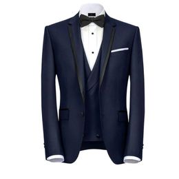 Navy Blue Designer Mens Suits One Button Groomsmen Wedding Tuxedos Notched Lapel Groom Suit With Jacket Vest And Pants Cheap Prom Blaze 243B