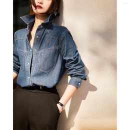 Women's Polos Spring And Autumn 2024 Style Commuter Casual Versatile Lapel Solid Denim Shirt