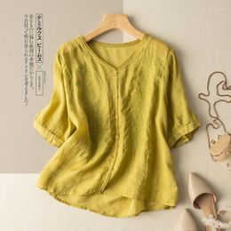 Women's Blouses Limiguyue Versatile Short Sleeve Cotton Linen Blouse Women Embroidery V-neck Single Breast Summer Shirts Loose Female Tops