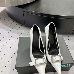 Black and White Metal Buckle Pointed Side Open Square Thick High Heels Single Shoes
