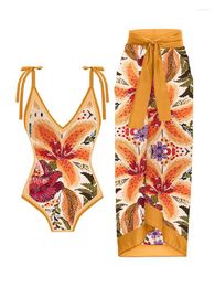 Women's Swimwear V-neck Tie Up 1 Piece Swimsuit For Women 2024 Fashion Printed Bikini High Waisted Bath Suits With Cover Beach Skirt