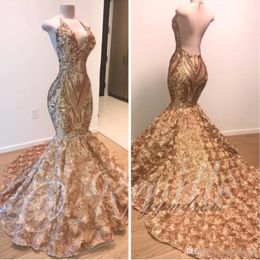 African Gold Mermaid Prom Dresses 2022 Halter V Neck 3D Flowers Black Girls Evening Dress Long Sweep Train Arabic Dubai Gowns Custom Ma 255T