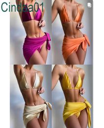 2022 summer new woman three piece swimsuit sexy bikini lace up elastic apron swimwear 5colors9259852