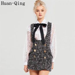 Work Dresses Autumn 2 Piece Set Dress Women Sexy Ruffles Bow Lace Shirt Top Plaid Sleeveless Double-breasted Tweed Vest Two