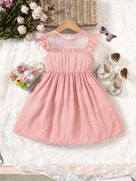 Girl's Dresses Summer New Sweet Little Flying Sleeves for Small and Medium Girls with Bow Tied Gold Star Flying Sleeves Dress