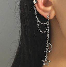 Stud Hip Hop Star Moon Gold Silver Colour Tassel Chain Earrings For Women Female Ear Cuff lage Clips Earings Set Jewelry4324558