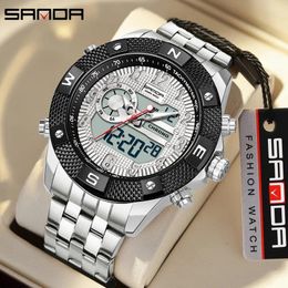 Wristwatches SANDA Top Men Quartz Watch Military Sport Waterproof Wristwatch LED Digital Clock Stainless Steel Electron Watches Relogios