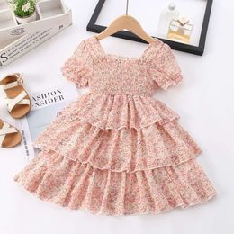 Summer Girls Fashion Floral Cake Little Girl Toddler krótki rękaw słodka sukienka księżniczka Kids Casual Birthday Gift Ubranie L2405