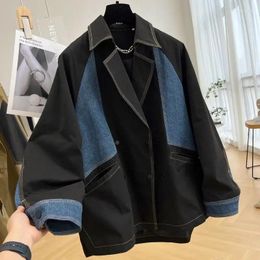 Women's Jackets Denim Stitching Long Sleeve Trend Ladies Coat Korean Patchwork Clothing Big Size Black Jacket Top 2024 Spring Autumn