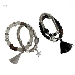 Link Bracelets X7YA 2pcs Star Charm Tassels Bracelet Vintage Couple Layered Elastic Bangles