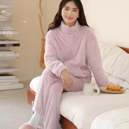 Women's Sleepwear Fall Winter Home Wear Zip-up Cardigan Fleece Pajamas Sets Solid Loose Reversible Thermal Ladies Suit