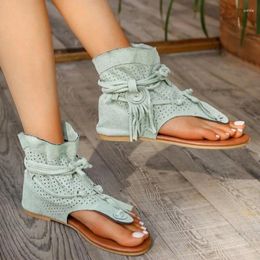 Casual Shoes 2024 Cool Boots Women Europe And The United States Retro Flat Fringe Hollowed-out Toe Sandals