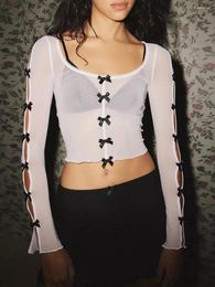 Women's T Shirts Women Cutout Long Sleeve Crop Tops Mini Bow Sheer Pullover Top Slim Fit See Through Mesh T-shirt Streetwear