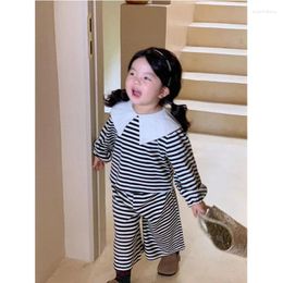 Clothing Sets Baby Fashion Casual Thin Section Suit Children Lapel Top Pants Two-Piece Girls Striped Set 2-8 Years Spring Autumn 2024