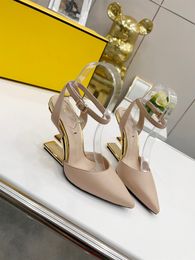 2024 Designer Women Summer First Black Leather High Heels Sandals with Wide Band and Strap, Diagonal F-Shaped Sculpted Heel in Gold-Colored Metal Sandal Shoe , Size 35-43
