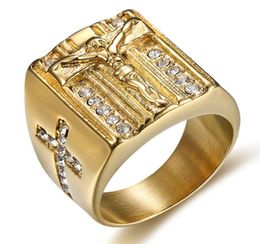 Top Quality 3D Christ Jesus Piece Cross Ring Stainless Steel Mens Fashion Chunky Finger Rings Bling Hip Hop Ring US Size 6151685708