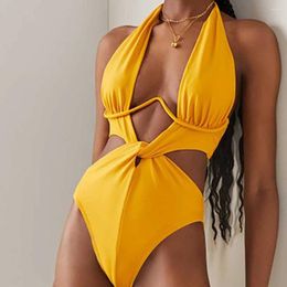 Lemon-Yellow Women's Swimwear Hanging V Neck Solid Colour Beachwear 2024 1-Piece Swimsuit Backless Beach Style Bathing Suits