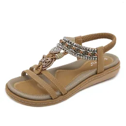 Sandals SIKETU Women Flat With PU Round Toe Elastic Band Summer Rhinestone Comfort Versatile Fashion Trend Bohemian Shoes