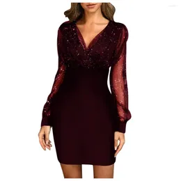 Casual Dresses Fashion Sexy For Women 2024 Autumn Mesh Sequin Sleeve V-Neck Bodycon Dress Black Elegant Party Short Ladies