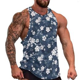 Men's Tank Tops Blue Fower Print Summer Top Cherry Blossom Gym Mens Graphic Muscle Sleeveless Vests Large Size