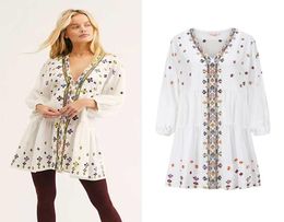 Lässige Kleider People Ladies Maxi Bohemian bestickt gegen Nacken Kimono -Hemd -Hemd Kleid8427271