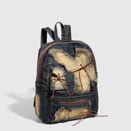 School Bags Vintage Womens Backpack Washed Denim Large Capacity Y2k Girls Fashion Designer Big Travel Bag Totes Daypack Bagpack