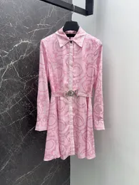 2024 Luxury Brand Women Lapel Pink Colour Ladies Blouses Dress With Metal Belt Fashion Long Sleeve Casual Shirt Dresses Outfits