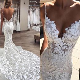 Spetsbröllop eleganta klänningar 2019 sjöjungfru spaghettigremmar rygglösa trädgårdsland brud brudklänningar skräddarsydd plus storlek 215n