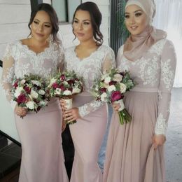 Robe demoiselle d'honneur Long Sleeves Mermaid Pink Muslim Bridesmaid Dresses Lace Applique Arabic Prom Dresses Party Gown 215r