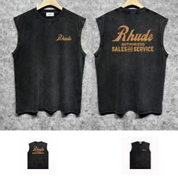 rhude brand new designer men tank tops Loose Running Vest summer cotton Outdoor Street Basketball Gym Sleeveless ZJBRH060 Authorised print to make old vest size S-XXL
