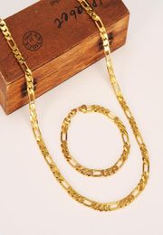 Fashion 18K Solid Yellow Gold Filled Men039s OR Women039s Trendy Bracelet 21cm 60cm Necklace Set Figaro Chain Watch Link Set7247696