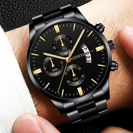 Wristwatches New Geneva Leisure Business Mens Watch Fashion Three Eyes Military Quartz Watch Stainless Steel Waterproof Mens WatchL2304