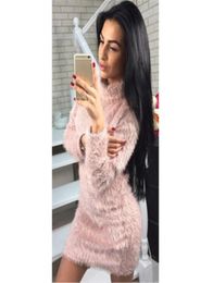 Womens Hairy Turtle Neck Dress Fashion Trend Solid Colour Plush Round Neck Dresses Clothing Female New Thick Long Sleeve Casual Sho5378118