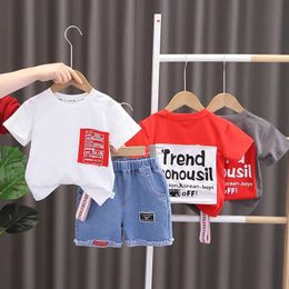 Clothing Sets New Summer Hot Sale Toddler Kids Baby Boys Shirt Letter Tops Denim Shorts Pants Outfits Set Kids Infant Baby Clothes Y240515