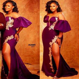 2021 Plus Size Arabic Aso Ebi Purple Mermaid Sexy Prom Dresses Lace High Split Sheer Neck Evening Formal Party Second Reception Gowns Z 2700