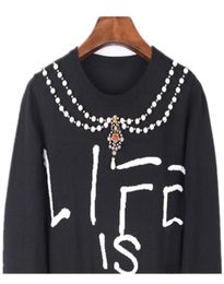 Women Harajuku Pullovers Knit Tops Christmas Autumn Winter Runway Designer Hoodies Letter Pearl Beading Basic Knitted Black Tops1181127