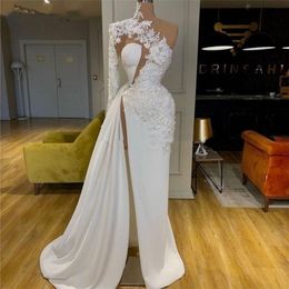 White Appliqued One Shoulder Prom Dresses 2020 Ruched Side Split Sexy Celebrity Dress robes de mariee Red Carpet Gowns 2425