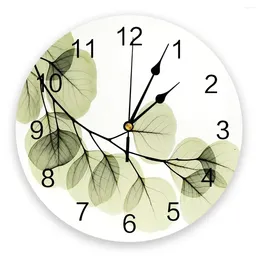Wall Clocks Green Leaves Branches Simple Print Clock Art Silent Non Ticking Round Watch For Home Decortaion Gift